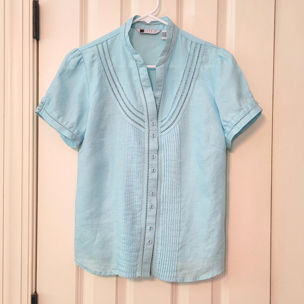 Carole Little Aqua Linen Short Sleeve Button Down Shirt